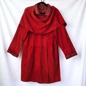 Mary Albert Woman Size 44 Red Suede Leather Coat Cape Collar Made in Italy Boho‎